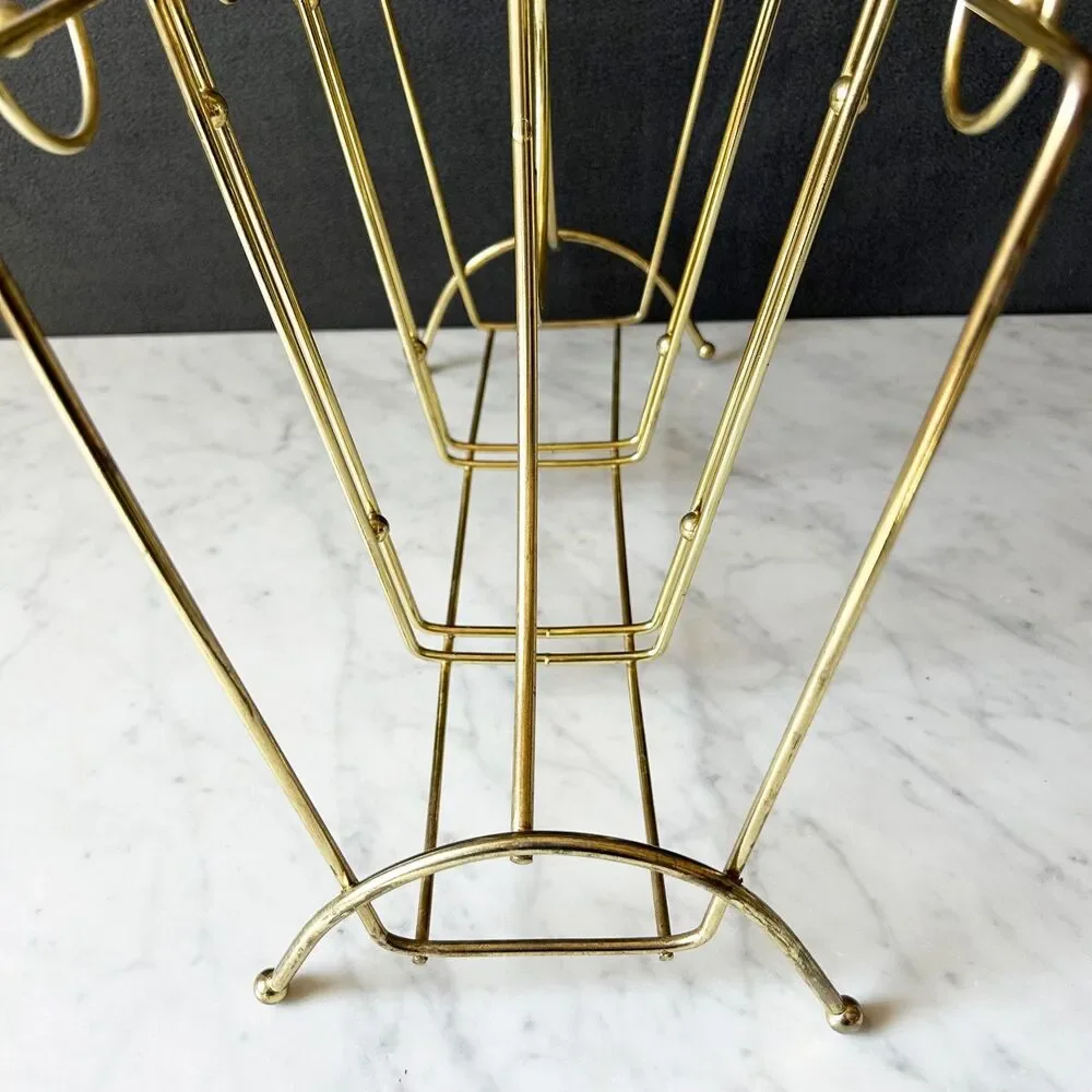 Mid Century Modern Brass Magazine Rack Wood Handle Atomic Geometric Vintage